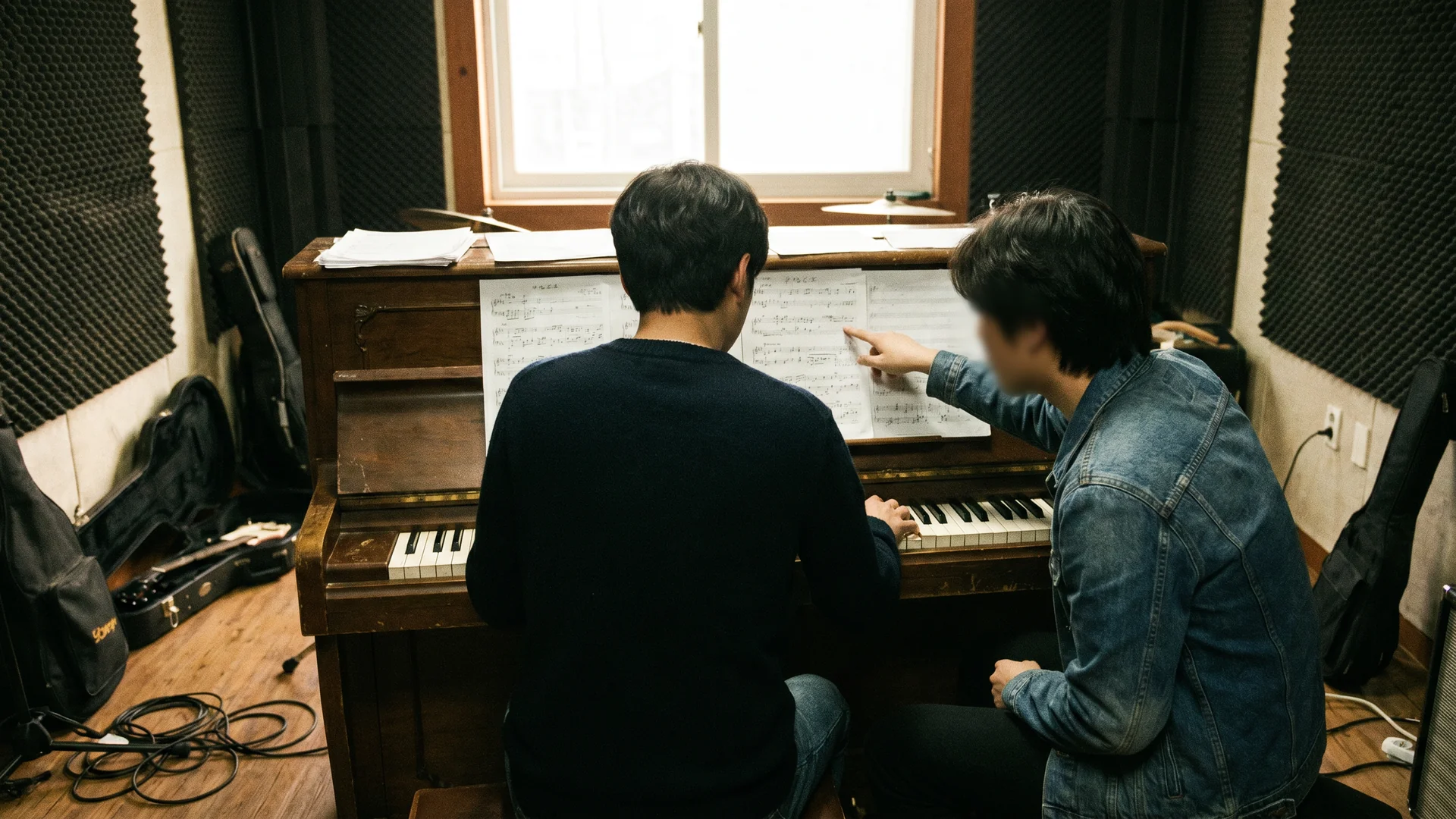 Artist and engineer collaborating on a master